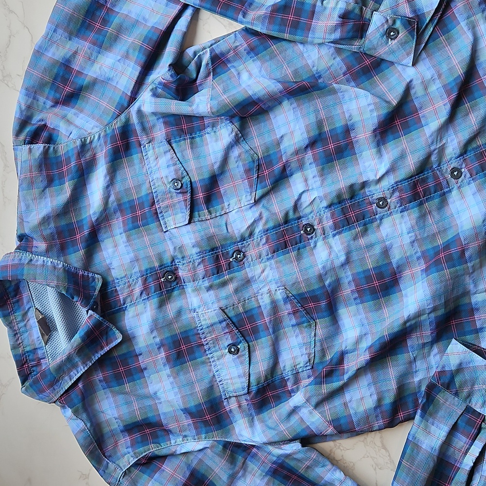 Eddie Bauer Blue Plaid Long Sleeve Button Down Tech Shirt M